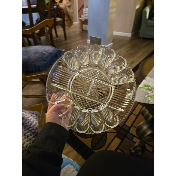 Vintage L.E. Smith Heritage Deviled Egg Relish Dish Tray Platter Glass 11" - Picture 1 of 5